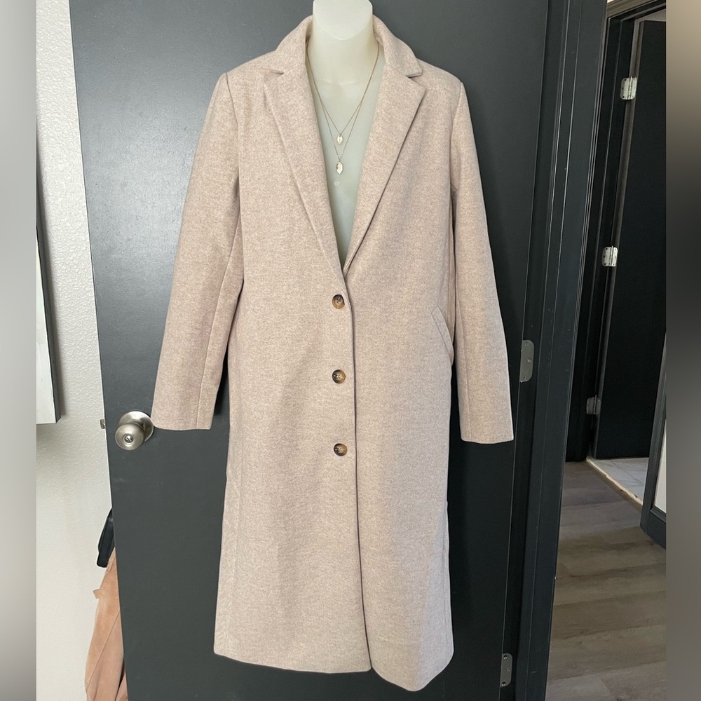 Promesa Cream XS women’s Long Coat with brown buttons classic timeless minimal